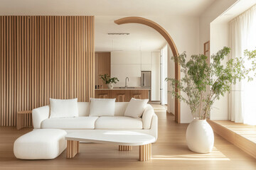 Wall Mural - Serene Living Space: A beautifully designed living room embodies tranquility with its minimalist aesthetics.