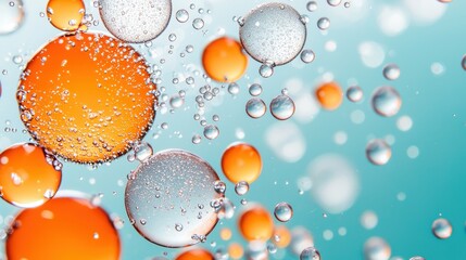 Poster - macro photograph of oil droplets suspended in water, forming iridescent bubbles and abstract shapes,