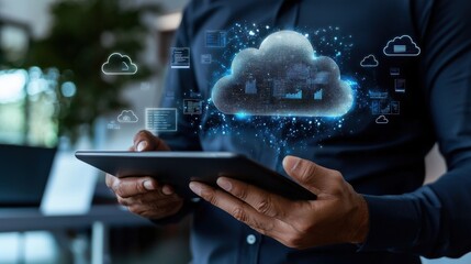 Poster - A man is holding a tablet with a cloud on it