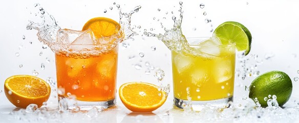 Wall Mural - Iced citrus drinks splash; white background; refreshment