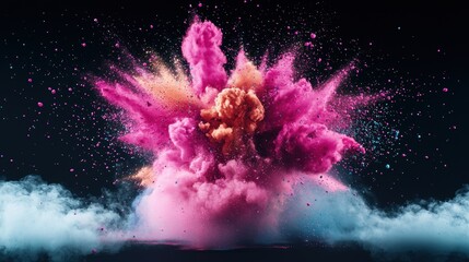 Poster - A vibrant explosion of colorful powder pigments against a black background, creating a dynamic and abstract cloud of colors.