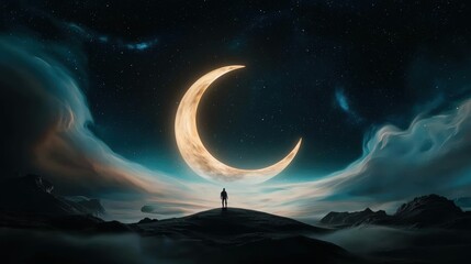 Poster - A solitary figure silhouetted against a giant, crescent moon hanging low in a sky filled with swirling nebulae and distant planets.