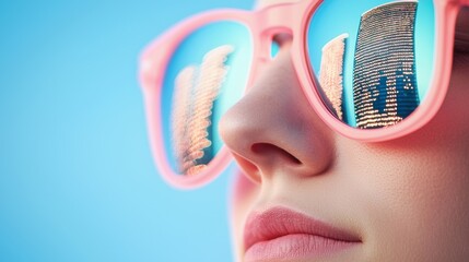 Poster - A portrait of a person wearing sunglasses reflecting a cityscape illuminated by neon lights, conveying a sense of urban cool and mystery.