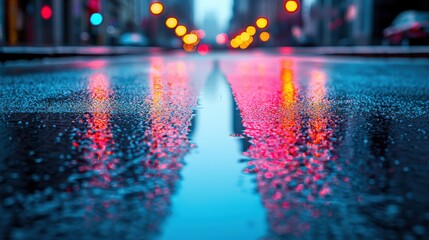 Poster - A retro cityscape at night with glowing neon signs reflecting in puddles on a rain-soaked street, creating a vibrant and futuristic atmosphere.