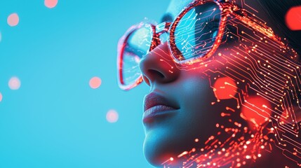 Poster - A portrait of a person with glowing circuitry patterns superimposed on their skin, representing the fusion of technology and humanity.