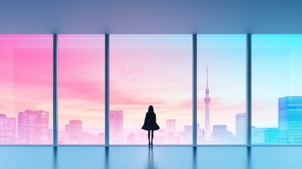 Poster - A silhouette of a person standing against a brightly lit window, the colorful cityscape outside visible through their translucent form.