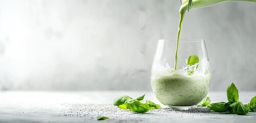 Sticker - Green smoothie pouring into glass, basil, chia seeds, kitchen