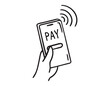 © Yanka - mobile payment with smartphone or pay text with phone doodle hand drawn icon. Outline drawing mobile payment line clipart symbol