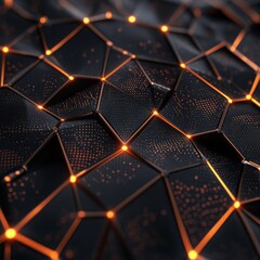 Leinwandbilder - Abstract Black Geometric Surface with Orange Light Connections and Dots, Futuristic Tech