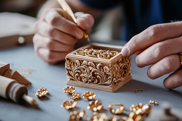 Woodworker hand-carving ornate patterns into a jewelry box, fine details and traditional craftsmanship concept