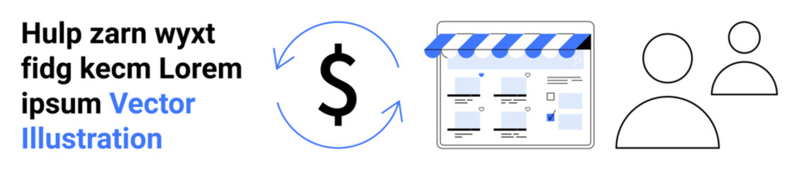Online store icon with dollar sign and rotating arrows, storefront webpage, and user avatars. Ideal for e-commerce, financial transactions, online business, marketing strategies, customer