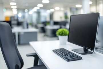 Poster - Modern office workspace with computer and greenery