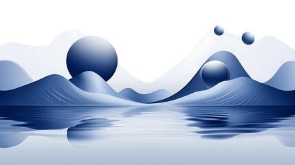 Poster - Abstract depiction of blue spheres over a tranquil mountain scene