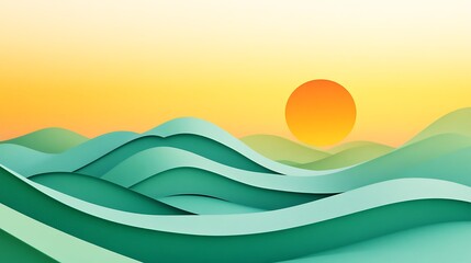 Poster - Colorful landscape with stylized waves and sun shining brightly above