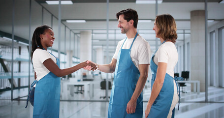 Poster - New commercial janitor greets diverse cleaning staff