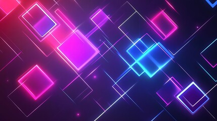 Poster - Glowing geometric neon square shapes with diagonal lines abstract illustration