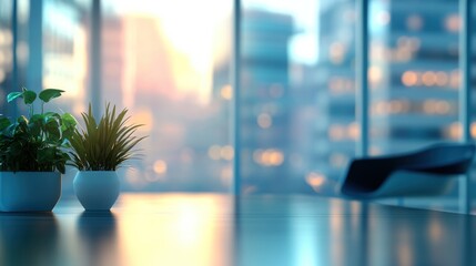Poster - Serene office scene with plants and city view