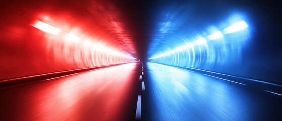 Poster - Red and Blue Lighted Tunnel with Reflections at Night