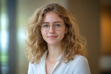 Wall Mural - Young woman with blonde curly hair wearing glasses smiling