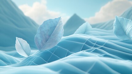 Poster - Floating blue leaves over a stylized mountainous landscape scene