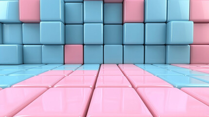 Poster - Seamless holographic pink and blue plastic jelly plexiglass isometric cubes form an iridescent abstract neon web, evoking a surreal vaporwave aesthetic with 3D geometric shapes and futuristic symbolis