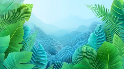 Poster - Green Leaves and Blue Mountains Form a Beautiful Tropical Scene