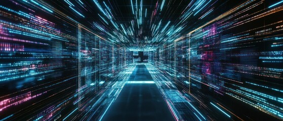Poster - Futuristic digital corridor with vibrant data streams and glowing lines