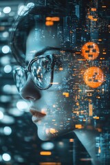 Poster - Woman with Glasses Surrounded by Digital Technology