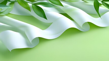 Poster - White Ribbon And Green Leaves With Light Green Background