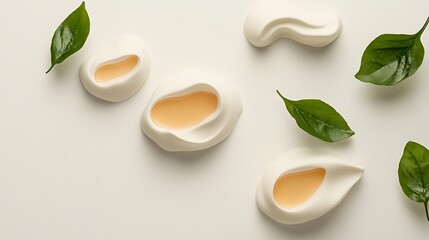 Poster - Creamy white shapes with tea and green leaves are arranged elegantly