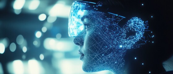 Poster - Woman in VR headset with digital overlay in futuristic scene
