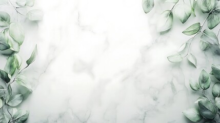 Poster - Green Leaves Lay Upon White Marble Giving A Floral Design