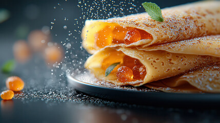 Aufkleber - Delicate crepes filled with vibrant orange spheres, dusted with powdered sugar, create futuristic culinary delight. presentation is enhanced by mint garnish, adding fresh touch