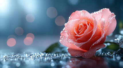 Poster - delicate pink rose with dewdrops rests on reflective surface, surrounded by dreamy bokeh background, creating serene and romantic atmosphere