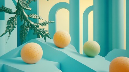 Poster - Several spheres and a metal branch sit on a blue platform