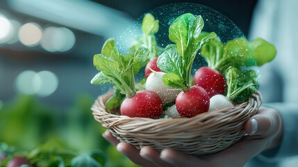 Aufkleber - futuristic hologram display showcases organic radishes in woven basket, highlighting innovation in agriculture
