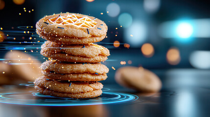 Aufkleber - Futuristic hologram pastries with golden cookies embedded with intricate designs, glowing in digital environment