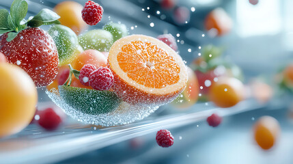 Aufkleber - vibrant display of floating fruits including oranges, strawberries, and raspberries, with futuristic holographic effect and neon colors, creating dynamic and fresh atmosphere