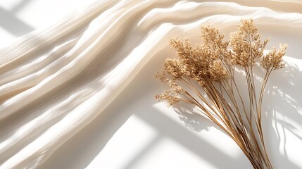 Poster - Beige Fabric and Dried Flowers on a White Background