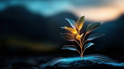 Poster - futuristic neon hologram tree with radiant leaves glows against blurred background, creating mesmerizing and ethereal scene