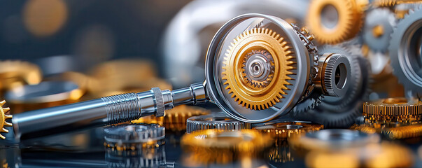 Leinwandbilder - Golden and silver gears in motion viewed through magnifying glass, showcasing intricate mechanical details and precision engineering