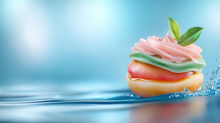 Poster - vibrant, holographic dessert with glowing neon layers and delicate leaf garnish floats on serene water surface, creating surreal and artistic presentation