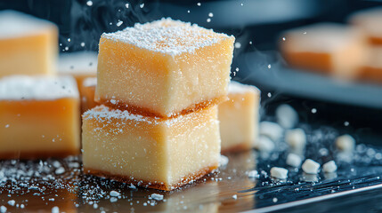 Aufkleber - Steaming butter cubes dusted with powdered sugar on reflective surface