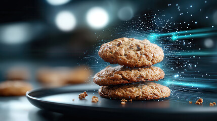 Aufkleber - stack of cookies infused with glowing data streams on plate, creating futuristic and digital ambiance. cookies appear appetizing and are surrounded by dynamic, holographic effect