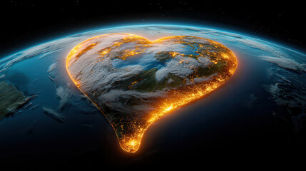 Poster - heart shaped Earth glows with bioluminescent light, symbolizing love and unity. vibrant illumination highlights continents and oceans, creating stunning visual effect