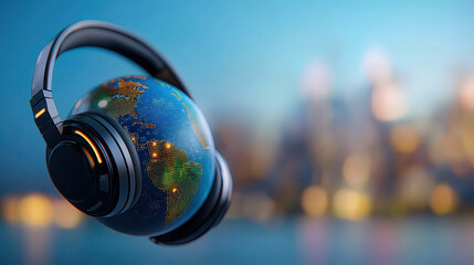 Fototapete - holographic Earth with glowing digital headphones represents global connectivity and technology. vibrant colors and futuristic design highlight integration of music and digital communication