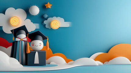 Poster - Graduates in caps and gowns stand among whimsical clouds and stars, with bright sun in playful, paper cut style. scene is vibrant and imaginative, evoking sense of achievement and joy