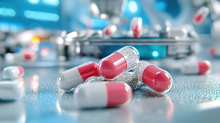 Leinwandbilder - futuristic pharmaceutical production line with glowing neon lights showcases red and white capsules on reflective surface, highlighting advanced technology in medicine manufacturing