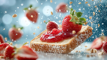Poster - slice of bread with strawberry jam and fresh strawberries floating in mid air, surrounded by crumbs and splashes, creating dynamic and vibrant scene