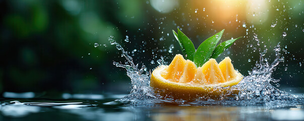 Poster - hyper realistic image of sliced lemon with geometric pineapple like segments splashing into water, surrounded by vibrant green leaves and droplets